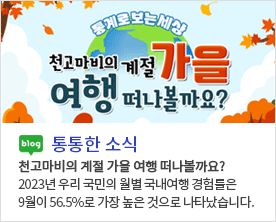 통계로보는 세상 천고마비의 계절 가을 여행 떠나볼까요? blog 통통한 소식 천고마비의 계절 가을 여행 떠나볼까? 2023년 우리 국민의 월별 국내여행 경험률은 9월이 56.6%로 가장 높은 것으로 나타났습니다.